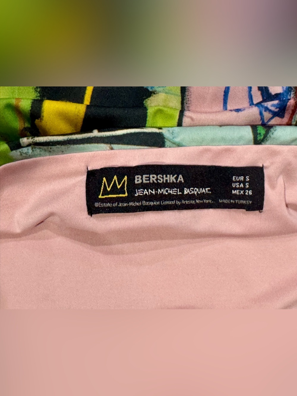 Bershka Jean-Michel Basquiat Art Print Ruched Tube Top Strapless Crop Small S - Picture 3 of 3